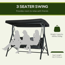Carregar imagem no visualizador da galeria, 3-Seat Patio Swing Chair, Porch Swing Glider with Cushion, 3 Throw Pillows &amp; Adjustable Canopy for Porch, Garden, Poolside, Backyard, Black
