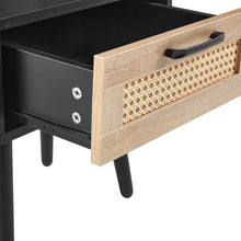 Load image into Gallery viewer, 15.75&quot; Rattan End table with Power Outlet &amp; USB Ports, Modern nightstand with drawer and solid wood legs, side table for living roon, bedroom, black
