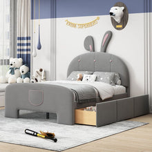 Load image into Gallery viewer, Full Size Velvet Platform Bed with Rabbit-Shaped Headboard, with Drawers, with Bed-End Storage Pocket, Gray
