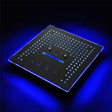 Load image into Gallery viewer, Flushed Mounted Matte Black 16&#39;&#39; x 16&#39;&#39; Shower Head: Featuring 64 LED Lights, Music, Rainfall, Waterfall, Mist, 360 Degrees Rotation, and Hydro Jet Technology
