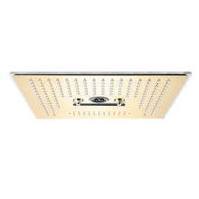 Load image into Gallery viewer, Flushed Mounted Brushed Gold 16&#39;&#39; x 16&#39;&#39; Shower Head: Featuring 64 LED Lights, Music, Rainfall, Waterfall, Mist, 360 Degrees Rotation, and Hydro Jet Technology
