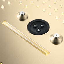 Load image into Gallery viewer, 16-Inch Brushed Gold Flush Mount Shower Faucet Set with 6-Way Thermostatic Control, 64-Color LED, Bluetooth Music, Rainfall-Waterfall-Mist Features, Rotating Hydro Jet, and Regular Head
