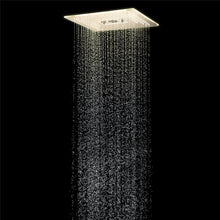 Load image into Gallery viewer, 16-Inch Brushed Gold Flush Mount Shower Faucet Set with 6-Way Thermostatic Control, 64-Color LED, Bluetooth Music, Rainfall-Waterfall-Mist Features, Rotating Hydro Jet, and Regular Head
