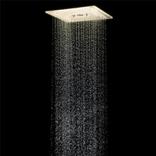 Cargar imagen en el visor de la galería, 16-Inch Brushed Gold Flush-Mounted Rainfall, Waterfall, Mist, Hydro-Massage Shower Head with 64 LED Lights and Bluetooth Music - 5-Way Thermostatic Shower Faucet With Optional Digital Display
