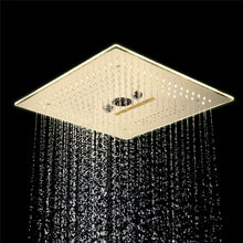 Load image into Gallery viewer, 16-Inch Brushed Gold Flush-Mounted Rainfall, Waterfall, Mist, Hydro-Massage Shower Head with 64 LED Lights and Bluetooth Music - 5-Way Thermostatic Shower Faucet With Optional Digital Display
