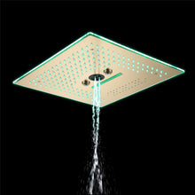 Load image into Gallery viewer, 16-Inch Brushed Gold Flush Mount Shower Faucet Set with 6-Way Thermostatic Control, 64-Color LED, Bluetooth Music, Rainfall-Waterfall-Mist Features, Rotating Hydro Jet, and Regular Head
