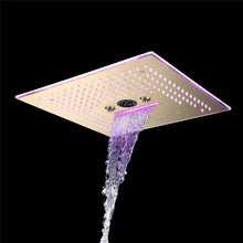 Load image into Gallery viewer, Flushed Mounted Brushed Gold 16&#39;&#39; x 16&#39;&#39; Shower Head: Featuring 64 LED Lights, Music, Rainfall, Waterfall, Mist, 360 Degrees Rotation, and Hydro Jet Technology
