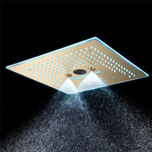 Load image into Gallery viewer, Flushed Mounted Brushed Gold 16&#39;&#39; x 16&#39;&#39; Shower Head: Featuring 64 LED Lights, Music, Rainfall, Waterfall, Mist, 360 Degrees Rotation, and Hydro Jet Technology
