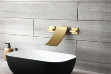 Carregar imagem no visualizador da galeria, Brushed Gold Wall Mount Waterfall Bathroom Sink Faucet with Overflow Brass Pop-Up Drain
