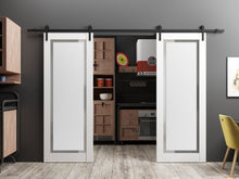 Load image into Gallery viewer, Planum 0888 Painted White Double Barn Door with Frosted Glass and Black Rail
