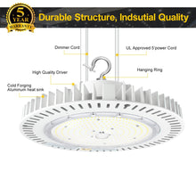 Cargar imagen en el visor de la galería, 200W LED UFO High Bay Light: 5000K, 28000 Lumens, Dimmable, IP65, Wide 120° Beam Angle for Industrial Illumination
