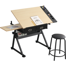Cargar imagen en el visor de la galería, adjustable drawing drafting table desk with 2 drawers for home office and school with stool(wood)
