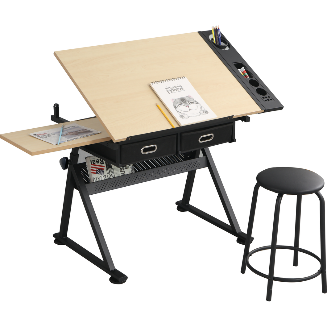 adjustable drawing drafting table desk with 2 drawers for home office and school with stool(wood)