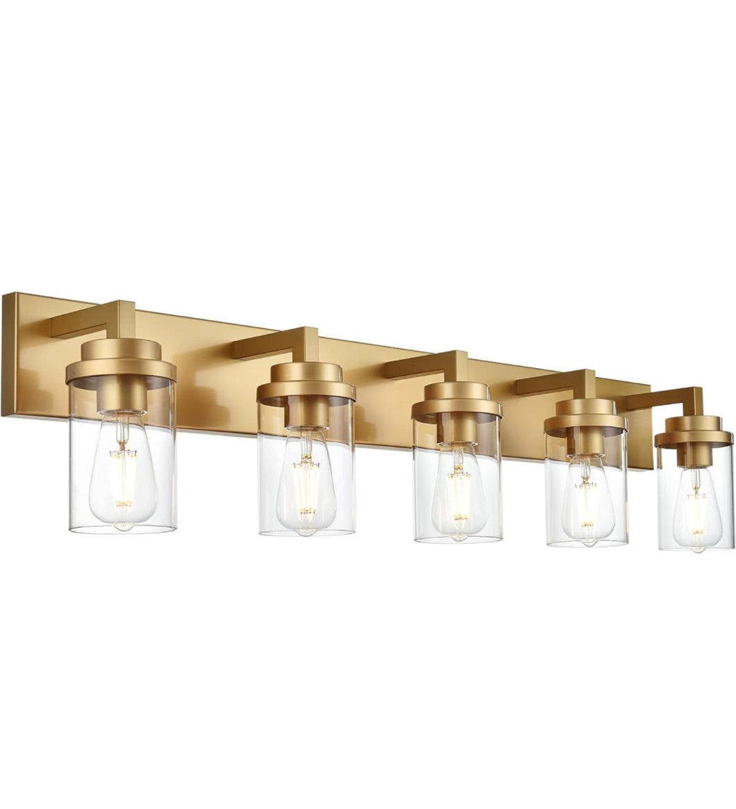 MELUCEE Gold Vanity Lights for Bathroom 40 Inches Length, 5-Light Bathroom Lighting Fixtures Over Mirror Wall Mount Lamp with Clear Glass Shade for Vanity Table/Over Sink/Kitchen