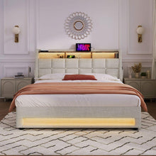 Carregar imagem no visualizador da galeria, Full size Upholstered Platform bed with a Hydraulic Storage System, LED and USB Charging, Natural (without mattress)
