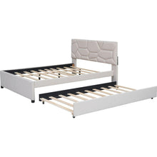Carregar imagem no visualizador da galeria, Full Size Upholstered Platform Bed with Brick Pattern Headboard and Twin Size Trundle, Linen Fabric, Beige
