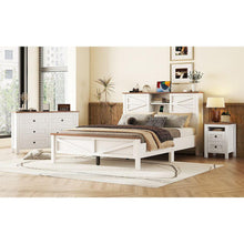 Carregar imagem no visualizador da galeria, 3-Pieces Bedroom Sets Queen Size Farmhouse Platform Bed with Double Sliding Door Storage Headboard, Storage Nightstand and Dresser, White+Brown
