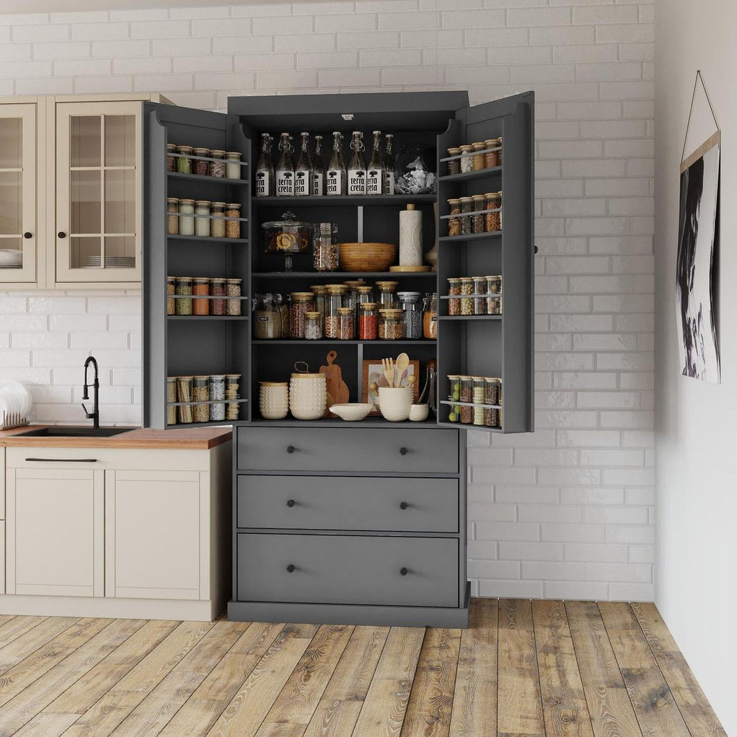 [Assembly Video Provided]77inch Farmhouse Kitchen Pantry, Freestanding Tall Cupboard Storage Cabinet with 3 Adjustable Shelves, 8 Door Shelves, 3 Drawers for Kitchen, Dining Room, Gray