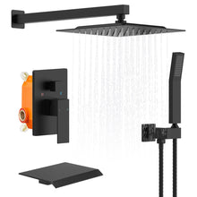 Cargar imagen en el visor de la galería, Rain Mixer Shower Faucet Set with Waterfall Tub Spout 10 inch Square Rainfall Shower Head with Handheld Spray Matte Black Wall Mounted Pressure Balance Rough-in Valve and Trim Included
