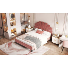 Carregar imagem no visualizador da galeria, Full Size Upholstered Platform Bed with Flower Pattern Velvet Headboard, Bean Paste Red
