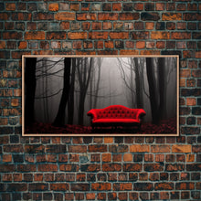 Load image into Gallery viewer, Red Sofa In A Forest Framed Canvas Print, Thought Provoking Art, Framed Art, Creepy Photography, Halloween Art
