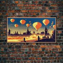 Load image into Gallery viewer, Flight of the balloons, hot air balloon armada, framed canvas print, ready to hang framed wall art
