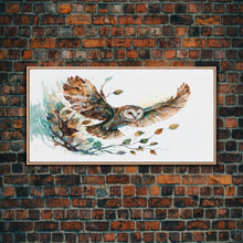 Carregar imagem no visualizador da galeria, Flying owl with trees, leaves, forest double exposure, nature animal, owl illusion art, wrapped framed canvas print, office wall art

