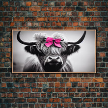 Cargar imagen en el visor de la galería, Cute Highland Cow wearing a Bow, Pink Bow on a Cute Cow, framed canvas print, black and white farmhouse cow art
