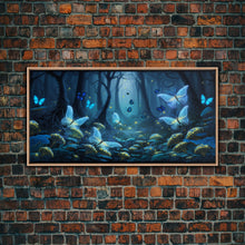 Load image into Gallery viewer, Magical Enchanted Fairy Forest, Fantasy Art, Framed Canvas Print, Bioluminescent Butterflies in an Enchanted Forest, Glowing Art
