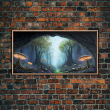 Load image into Gallery viewer, Magical Enchanted Mushroom Forest, Fantasy Art, Framed Canvas Print, Bioluminescent Butterflies in an Enchanted Forest, Glowing Art
