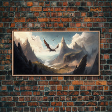 Load image into Gallery viewer, Dragons in Flight Over a Valley, Fantasy Art, Framed Canvas Print, Medieval Fantasy Art, Fire breathing dragons
