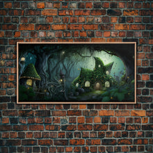 Load image into Gallery viewer, Gnome City, Wall Art, Fantasy Canvas Print, Framed Art, Tiny Gnome Houses On The Forest Floor
