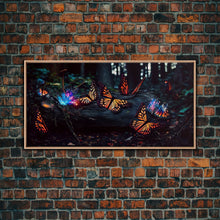 Carregar imagem no visualizador da galeria, Glowing butterflies, fantasy forest wall art, framed canvas print, mother&#39;s day, mom gift, monarch butterflies

