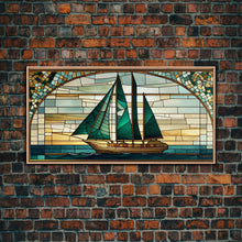Load image into Gallery viewer, Emerald Green and Gold Art Deco Sail Boat, Framed Canvas Print, Retro MCM Style Wall Art, Midcentury Modern, Stained Glass, Huge Art
