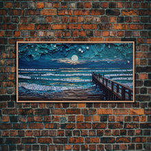 Carregar imagem no visualizador da galeria, Full Moon Over Beach &amp; Ocean Waves - Framed Canvas Print - Lighthouse and Beach Art - Lakehouse Art - Beach House - Living Room Decor
