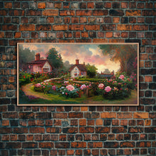 Load image into Gallery viewer, English cottage with rose garden, canvas print, cute English countryside wall art
