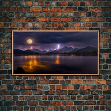 Carregar imagem no visualizador da galeria, Full moon canvas print, Lightning storm over a mountain lake at night, cool wall art, awesome wall art
