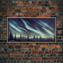 Cargar imagen en el visor de la galería, Aurora borealis over a snowy northern forest, canvas print, scenic winter landscape art, northern lights
