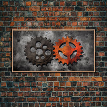 Load image into Gallery viewer, Gears Wall Art, Mechanical Design Wall Decor, Steampunk Art, Red Black, Panoramic Wall Decor, Canvas Print, Wall Art, Framed Canvas Art
