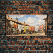 Load image into Gallery viewer, Watercolor Laundry In Village Wall Decor, Rural Wall Decor, Laundry Room, Panoramic Wall Decor, Canvas Print, Wall Art, Framed Canvas Art
