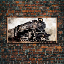 Load image into Gallery viewer, Black Steam Train Wall Art, Locomotive Wall Decor, Retro Train Wall Art, Panoramic Wall Decor, Canvas Print, Wall Art, Framed Canvas Art

