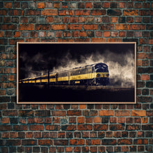 Carregar imagem no visualizador da galeria, Black Yellow Locomotive Wall Decor, Railroad Wall Decor, Railway Wall Art, Panoramic Wall Decor, Canvas Print, Wall Art, Framed Canvas Art
