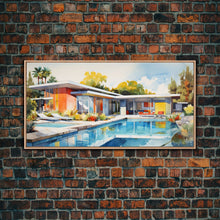 Load image into Gallery viewer, Architecture Art, Midcentury Modern, House Portrait, Watercolor House, Panoramic Art, Wall Art, Canvas Art, Landscape Art, Realtor Gift
