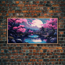 Load image into Gallery viewer, Japanese Art- Wabi Sabi Style Japanese Synthwave Pagoda, Game Room Art, Framed Canvas Print, Framed Art, Framed Painting, Retro Aesthetic
