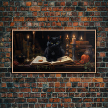 Load image into Gallery viewer, The Witch's Familiar, Black Cat Art, Witch Print, Framed Canvas or Poster, Victorian Oil Painting, Dark Academia, Witchcraft Decor
