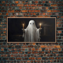 Cargar imagen en el visor de la galería, Cute Ghost Holding Candles, Framed Canvas Print, Dark Academia Wall Art, Victorian Oil Painting Style Halloween Wall Art, Ghost Print
