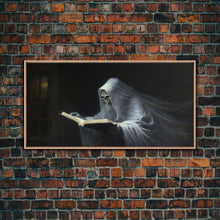 Load image into Gallery viewer, The Reading Ghost, Framed Canvas Print, Victorian Oil Painting Style, Spooky Halloween Decor, Goth Art
