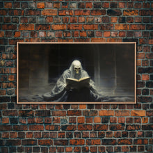 Load image into Gallery viewer, Grim Reaper Reading A Book In A Haunted Library, Framed Canvas Print, Victorian Oil Painting Style, Spooky Halloween Decor, Goth Art
