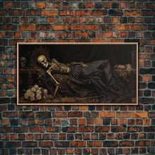 Load image into Gallery viewer, Eternal Slumber, Framed Canvas Print, Creepy Victorian Oil Painting, Halloween Art Prints, The Sleeping Skeleton Painting
