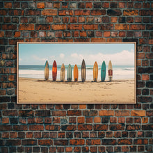 Carregar imagem no visualizador da galeria, Boho Beach Decor, Framed Canvas Print, Retro Surf Boards In The Sand, Living Room Decor, Gift For Him, Surfer Gift
